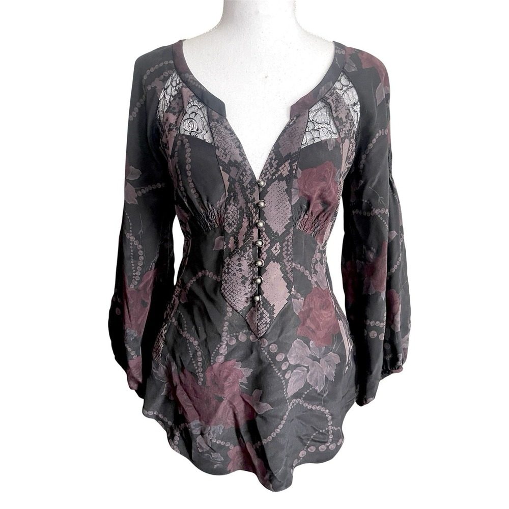 Rebecca Taylor Silk Dark Floral Lace Babydoll Top Romantic Witchy‎ Whimsigoth 2